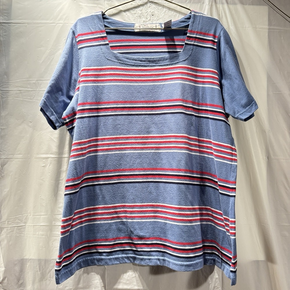 Sarah Bentley Woman Pullover Top Plus 2X Short Sleeve Striped Square Neck